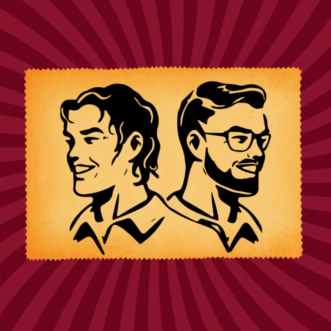 Retro illustration of the two brothers behind 2Clean, on a gold and burgundy sunburst background