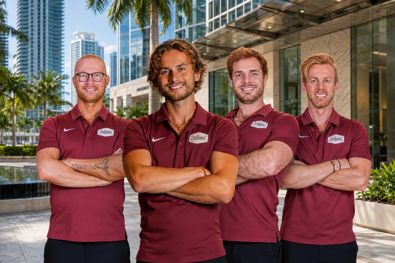 Seth centered with the four-person 2Clean team at a Miami commercial property