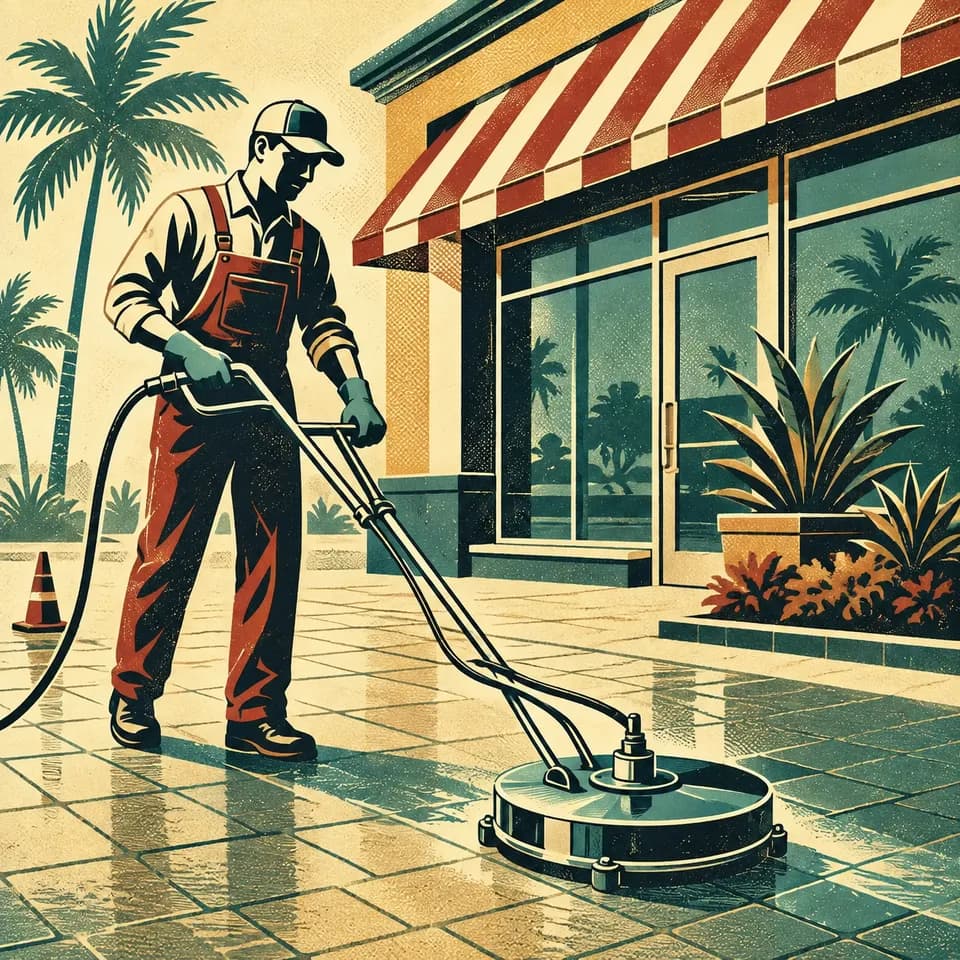 Retro illustration of a professional cleaning the paving outside a palm-lined South Florida storefront